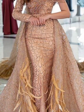 Embellished Feather-Trim Maxi Dress in Blush